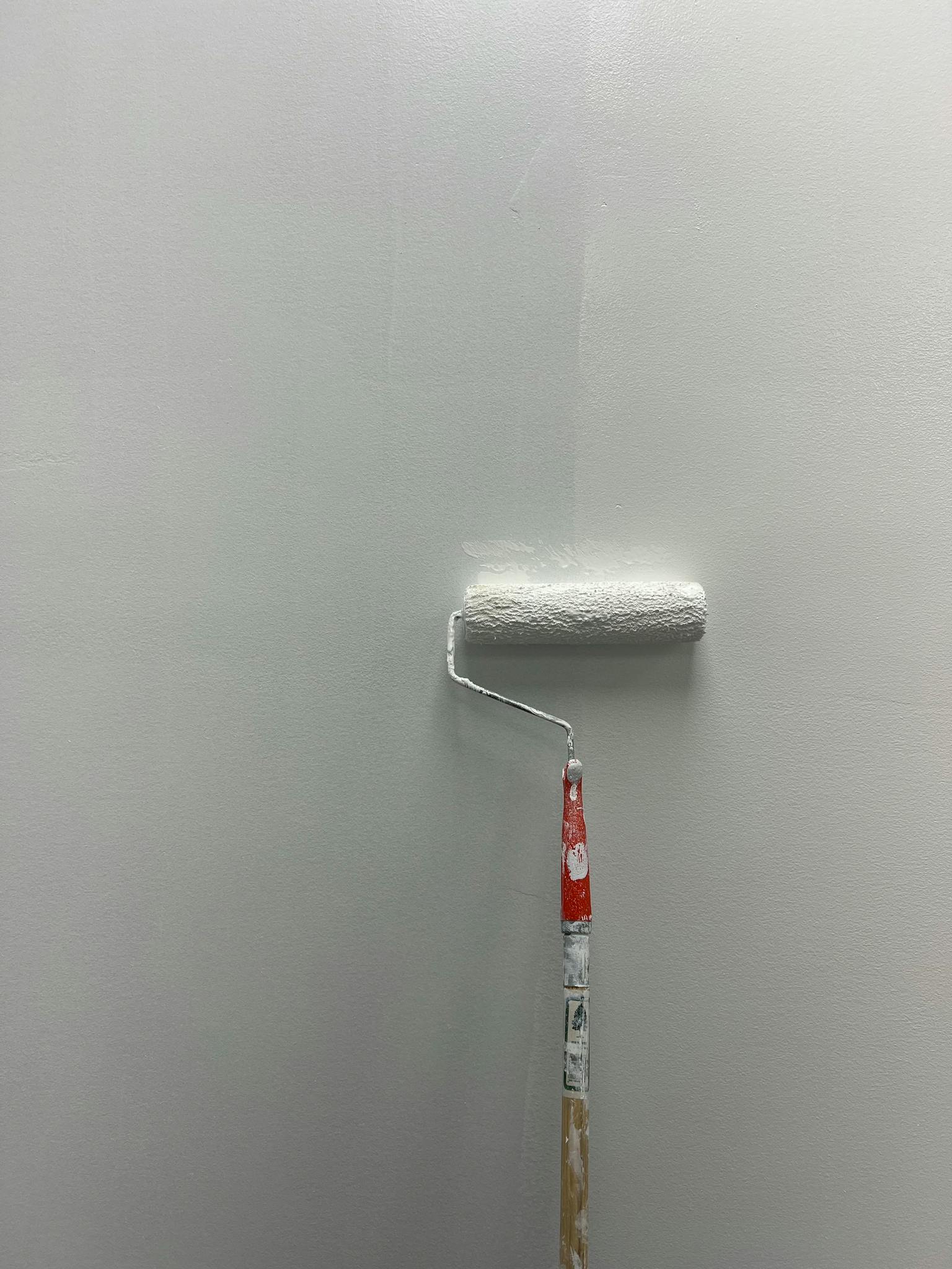 Smooth white wall painted with a roller for home improvement.