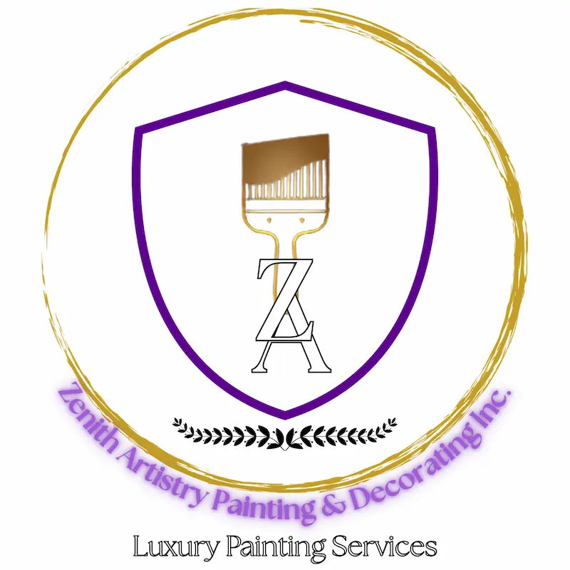 Zenith Artistry Painting & Decorating logo featuring a gold circular brushstroke, purple shield, paintbrush emblem, and the words Luxury Painting Services
